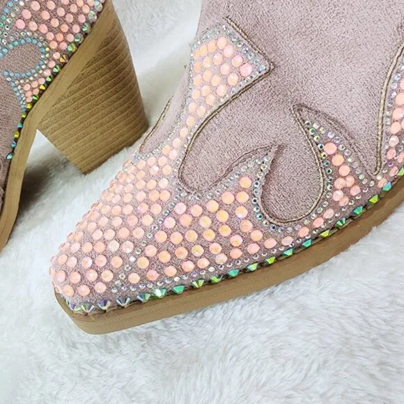 Sparks Country Western Cowgirl Knee Boots Dazzleing Iridescent Rhinestones Pink